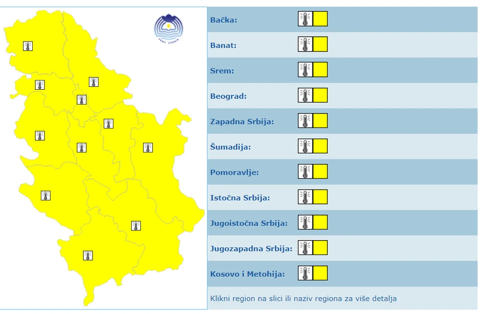 Upaljen žuti meteoalarm za ponedeljak i utorak za celu Srbiju