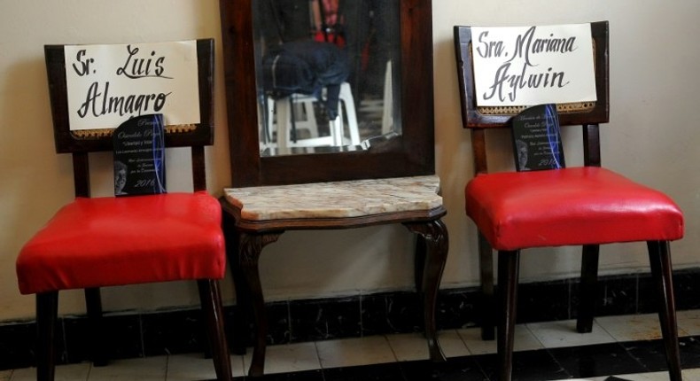 Empty chairs with the names of Organization of American States (OAS), Luis Almagro, and former Chilean education minister Mariana Aylwin are seen at the house of Rosa Maria Paya, daughter of late Cuban dissident Oswaldo Paya