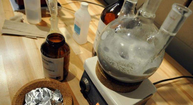 Chemicals at a mock ecstasy lab at the US Drug Enforcement Administration's training facility in Virginia