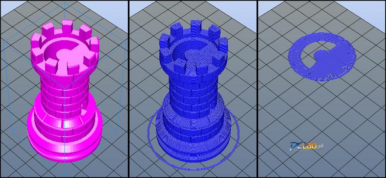 Model szachowej wieży przed pokrojeniem i po: po lewej model STL, po prawej trasa głowicy drukującej. Kliknij, aby powiększyć i zobaczyć pojedynczą warstwę!
