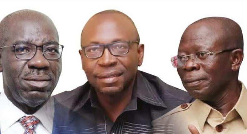 From Left: Political Actors in Edo State, Governor Godwin Obaseki, APC Governorship candidate, Pastor Osagie Ize-Iyamu and the former governor of the state, Adam Oshiomhole. (Punch)