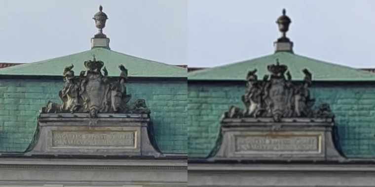 Wycinki z powyższych zdjęć - po lewej wykonane w 48 MP, a po prawej interpolowanego z klasycznych 12 MP do 48 MP