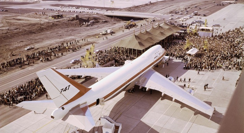 The first Boeing 747 at the Everett assembly line.Bettmann/Contributor via Getty Images