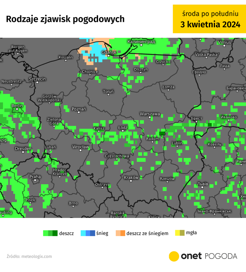 W wielu miejscach pojawią się opady, na północy deszczu ze śniegiem, a nawet śniegu