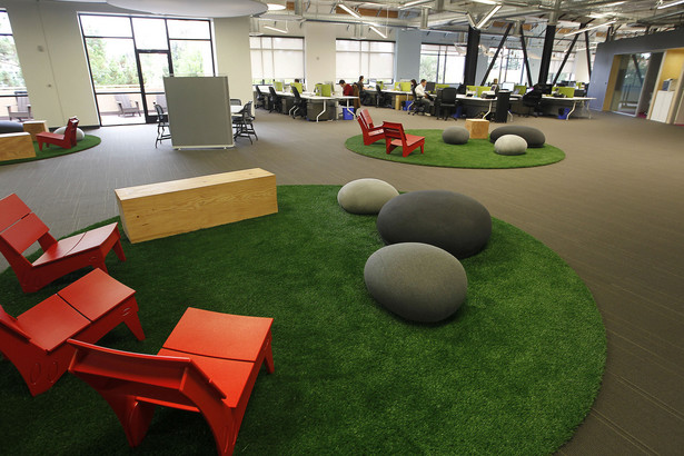 Sztuczna trawa i kamienie w biurze Skype Technologies w Palo Alto.