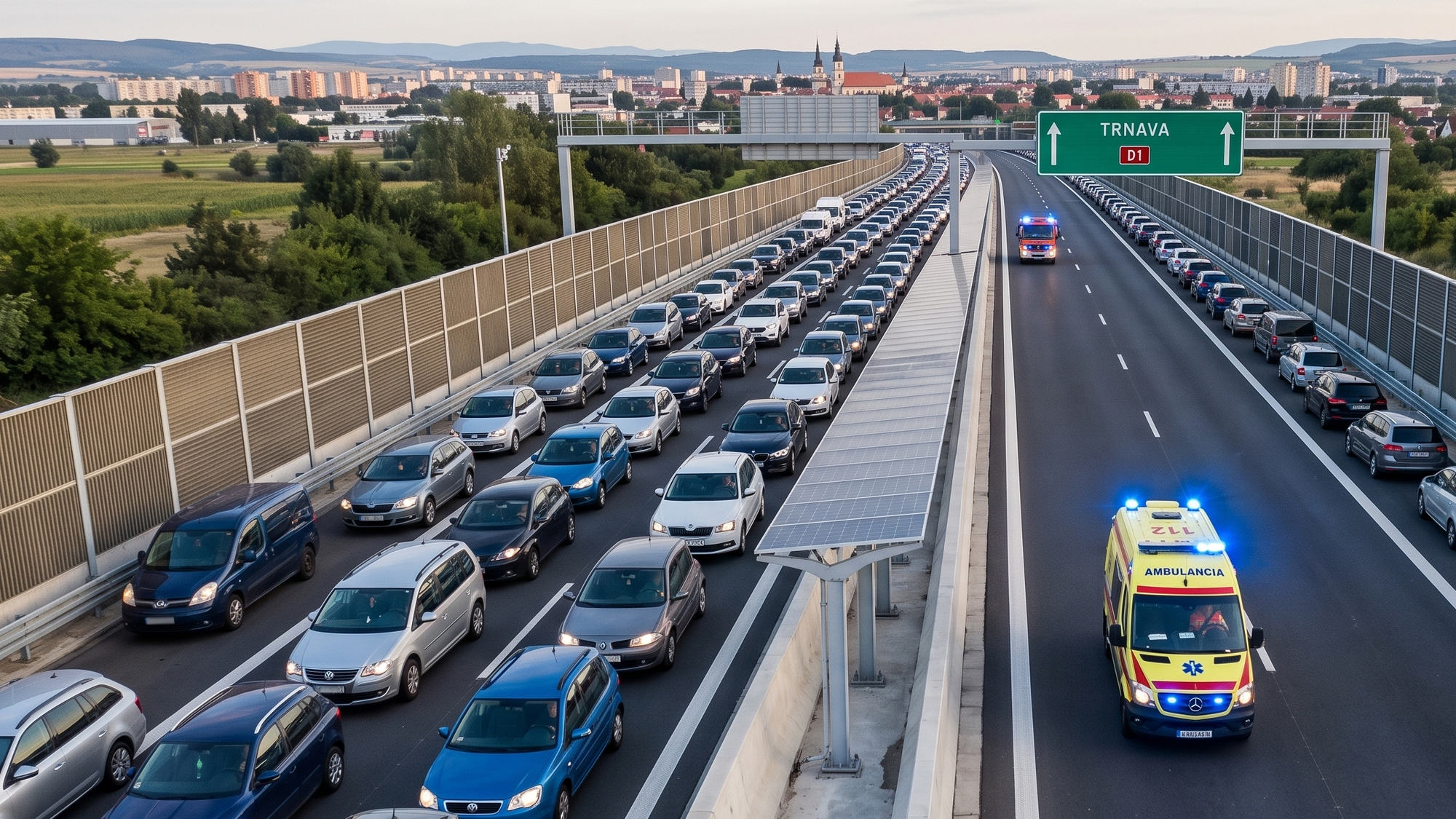 Pohľad zhora na dvojprúdovú diaľnicu D1 pri Trnave počas dopravnej zápchy, kde osobné autá v ľavom pruhu stoja natlačené pri ľavej krajnici a vozidlá v pravom pruhu pri pravom okraji vozovky, medzi nimi prejazdná záchranárska ulička s prichádzajúcou sanitkou so zapnutým majákom – ilustrácia správne vytvorenej uličky podľa slovenského zákona o cestnej premávke. (Ilustračný obrázok)