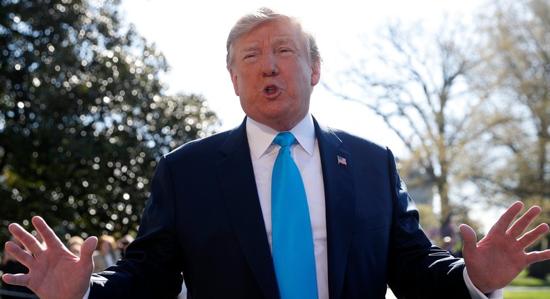 President Donald Trump speaks to members of the media on the South Lawn of the White House in Washington, before boarding Marine One helicopter, Wednesday, April 10, 2019. (AP Photo/Pablo Martinez Monsivais)