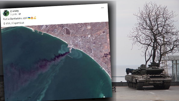 W tle zdjęcie ukraińskiego sprzętu niedaleko portu w Odessie