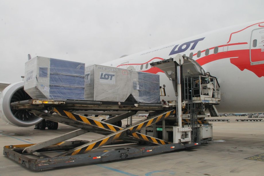 Załadunek cargo do ładowni Boeinga 787 Dreamliner pod pokładem pasażerskim