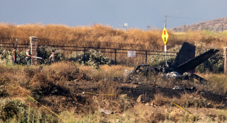 Charred remains of a Cessna plane lies near the landing approach at French Valley Airport on July 8 in Murrieta, California.Irfan Khan / Los Angeles Times via Getty Images