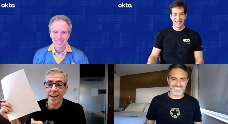 Okta cofounders Frederic Kerrest and CEO Todd McKinnon (top L to R) on a video call signing the agreement to acquire Auth0 for $6.5 billion with its cofounders CEO Eugenio Pace and Matias Woloski (bottom L to R)
