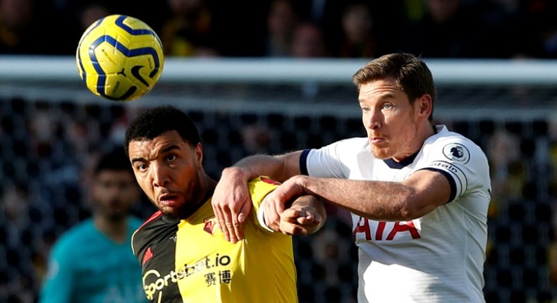 Watford's Troy Deeney (L) vies with Spurs defender Jan Vertonghen