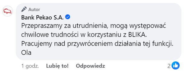 Bank Pekao przeprasza za utrudnienia w dostępie do Blika