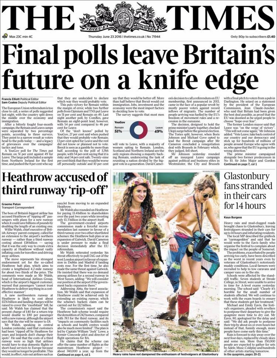 The Times: "Ostatnie sondaże stawiają przyszłość Wielkiej Brytanii na ostrzu noża"