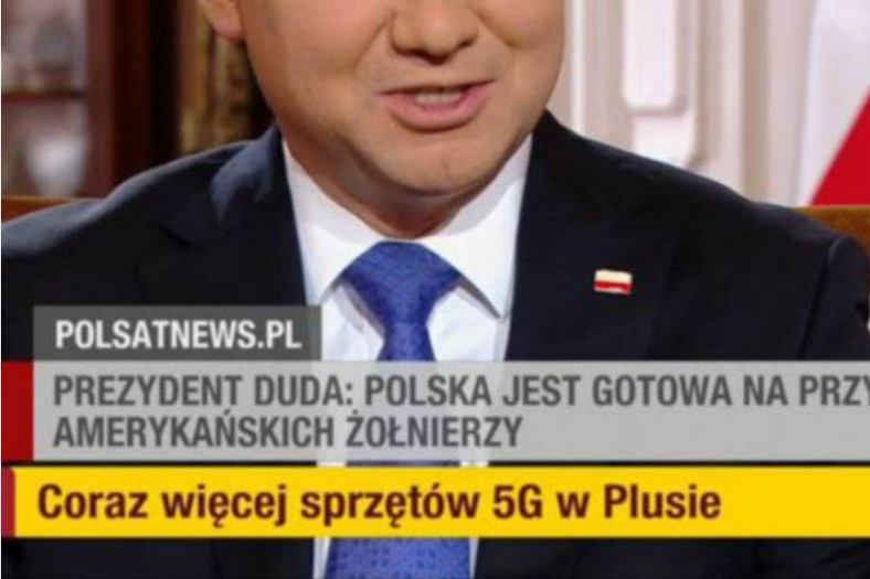 Na paskach Polsat News wyświetlano m.in. komunikat "Coraz więcej sprzętów 5G w Plusie"