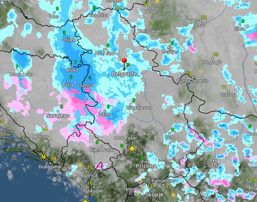 Kretanje padavina u Srbiji u 13 časova