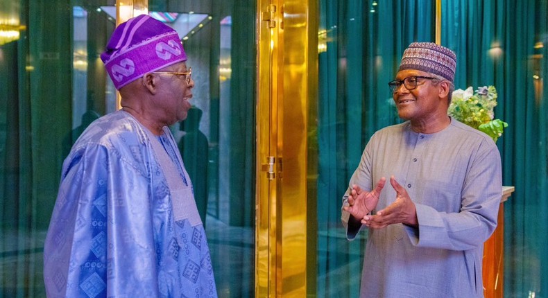 President Bola Tinubu meets Aliko Dangote in Aso Rock. [Presidency]