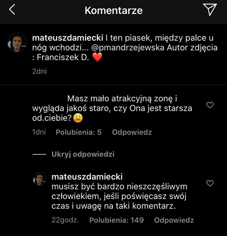 Mateusz Damięcki w obronie żony na Instagramie