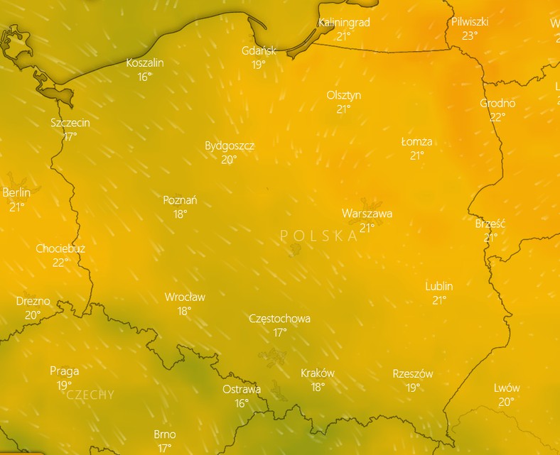 Prognoza temperatur w sobotę - godz 18