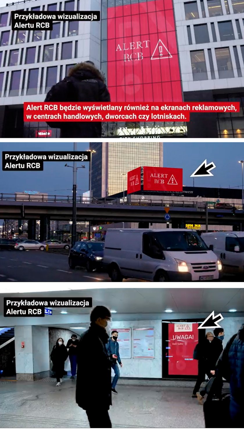 Przykład alertu RCB na ekranie w przestrzeni miejskiej.