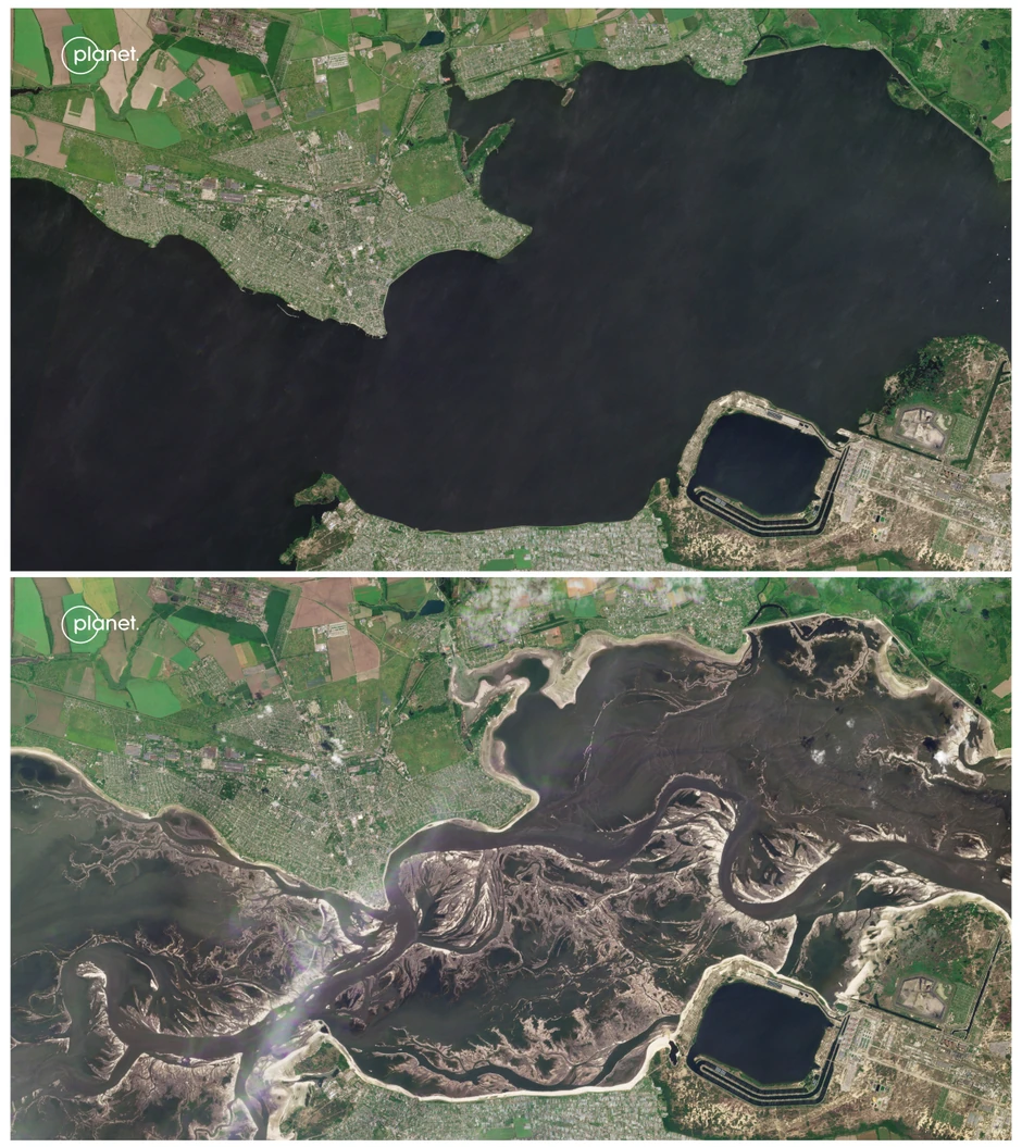 Rezervoar brane Kahovka 5. (gore) i 13. juna na satelitskim slikama