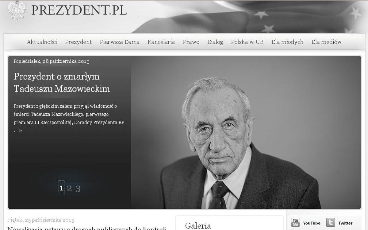 Informacja o śmierci Tadeusza Mazowieckiego na stonie prezydent.pl