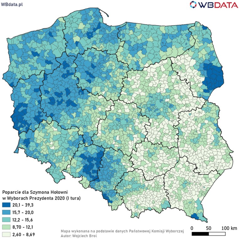 Mapa poparcia dla Szymona Hołowni