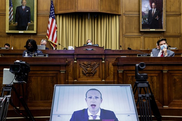 Mark Zuckerberg, chief executive officer and founder of Facebook Inc., speaks via videoconference during a House Judiciary Subcommittee hearing in Washington, D.C., U.S., on Wednesday, July 29, 2020. Chief executives from four of the biggest U.S. technology companies face a moment of reckoning in an extraordinary joint appearance before Congress that will air bipartisan concerns that they are using their dominance to crush rivals at the expense of consumers. Photographer: Graeme Jennings/Washington Examiner/Bloomberg