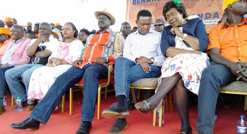 Maina Kamanda, Kivutha Kibwana,Anne Waiguru, Raila Odinga, Alfred Mutua and Charity Ngilu at a campaign rally for Bernard Imran Okoth in Kibra