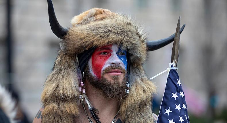Jacob Chansley, also known as the QAnon Shaman, at the Stop the Steal rally in Washington, DC, on January 6, 2021.Robert Nickelsberg/Getty Images
