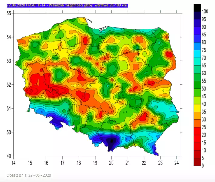 Dzisiejsza sytuacja hydrologiczna w głębszych partiach gleby (7 - 28 cm) / fot. stopsuszy.imgw.pl