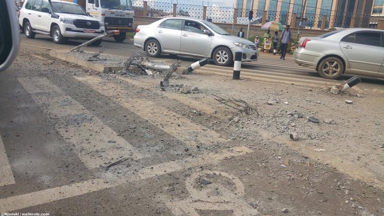 Destroyed safety bollards along Ngong Road (Twitter)