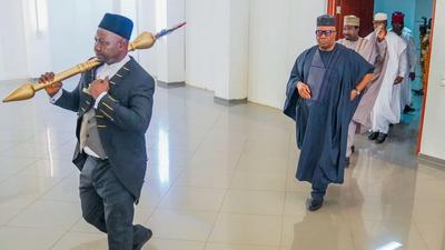 Principal officers of the 10th Nigerian Senate, led by Senate President Godswill Akpabio (second from left) [Tope Brown]