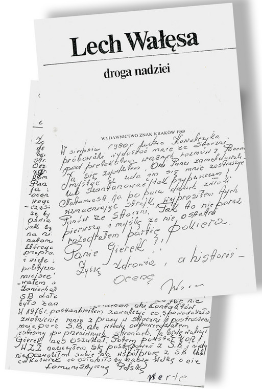 Kserokopia dedykacji,którą Wałęsa napisał Gierkowi w 1990 r. w swojej książce "Droga nadziei"