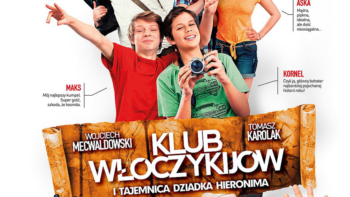 "Klub włóczykijów" (na ekranach od 18 września) to komedia w reż. Tomasza Szafrańskiego, zainspirowana powieścią klasyka literatury młodzieżowej Edmunda Niziurskiego. W historii trzynastoletniego Kornela, który wraz z ekscentrycznym wujem Dionizym i przyjaciółmi wyrusza na poszukiwanie owianego tajemnicą skarbu, zagrali m.in. Tomasz Karolak i Wojciech Mecwaldowski. My jako pierwsi przedstawiamy plakat do filmu.