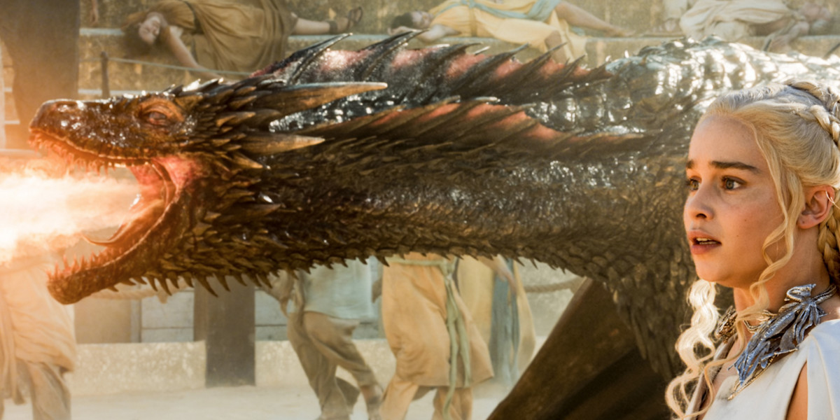 Emilia Clarke as Daenerys Targaryen with her fire-breathing dragon on "Game of Thrones."