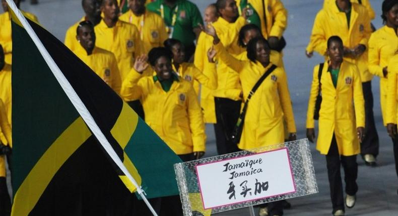 The Jamaican team is pictured at the 2008 Beijing Olympic Games opening ceremony