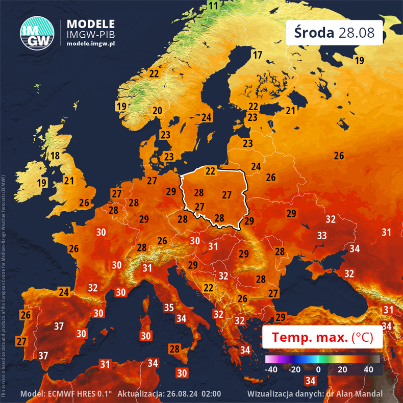 Prognoza temperatury maksymalnej na środę. Biegun gorąca tego dnia znajdzie się nad Hiszpanią