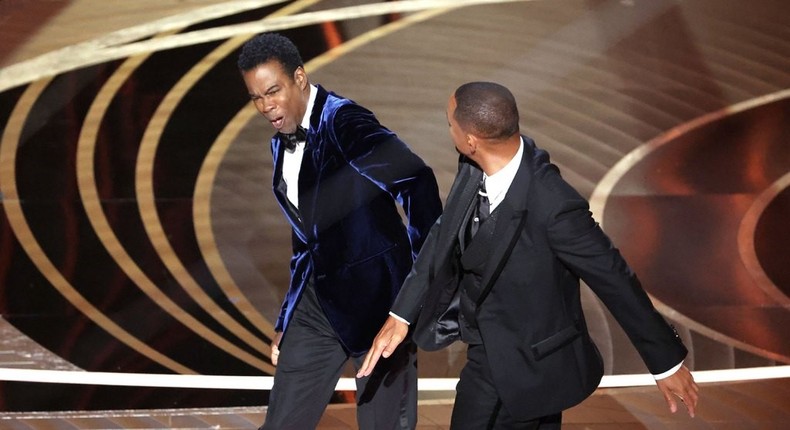 Chris Rock and Will Smith at the 94th Academy Awards at the Dolby Theatre at Ovation Hollywood on Sunday, March 27, 2022  Photo credit: Myung Chun / Los Angeles Times 