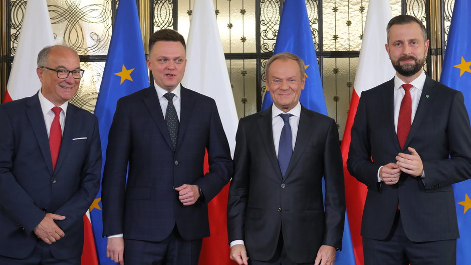 Włodzimierz Czarzasty, Szymon Hołownia, Donald Tusk oraz Władysław Kosiniak-Kamysz