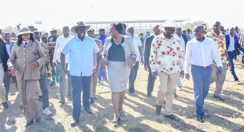 President William Ruto in the company of his deputy, Rigathi Gachagua and Homa Bay Governor Gladys Wanga on Friday, January 13, 2023