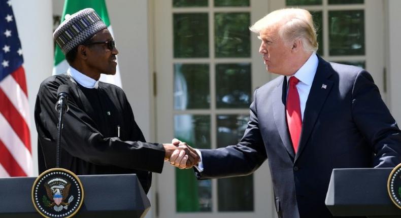 US President Donald Trump and Nigeria's President Muhammadu Buhari address the press from the White House Rose Garden on April 30, 2018 (Presidency) 