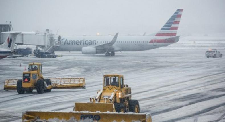 The tarmac of La Guardia Airport is cleared during a winter storm on February 2, 2015 in the Queens borough of New York City.