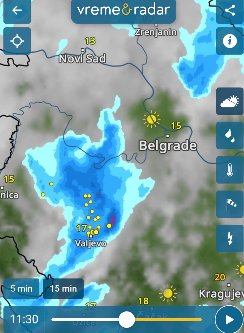 Razvoj grmljavinskog oblaka između Šapca i Valjeva