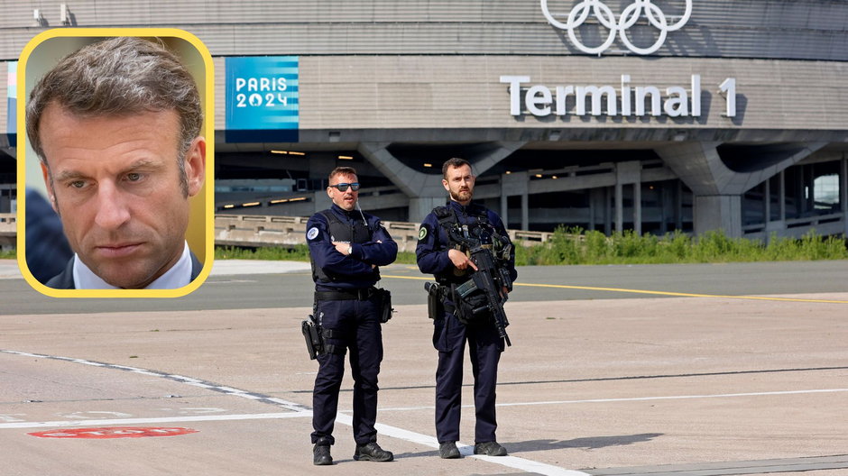 Francuska policja pilnuje lotniska Charles'a de Gaulle'a podczas ceremonii odsłonięcia pierścieni olimpijskich 23 kwietnia br. Same igrzyska będą wymagały pracy dziesiątek tysięcy policjantów, żołnierzy i prywatnych ochroniarzy