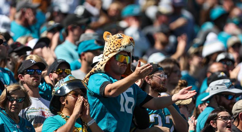 Jacksonville Jaguars fans cheer during an NFL game against the Indianapolis Colts at EverBank Field on October 15, 2023 in Jacksonville, Florida.Perry Knotts/Getty Images