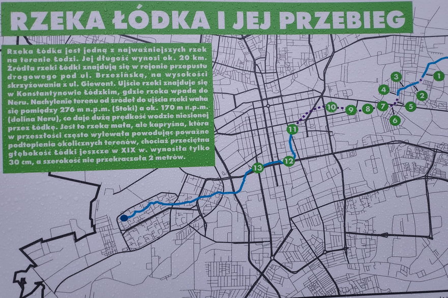 Mapa z absurdalnym przebiegiem rzeki Łódki. Tzw. Stajnia Jednorożców znajduje się między punktami "12" i "13" z tej mapy.