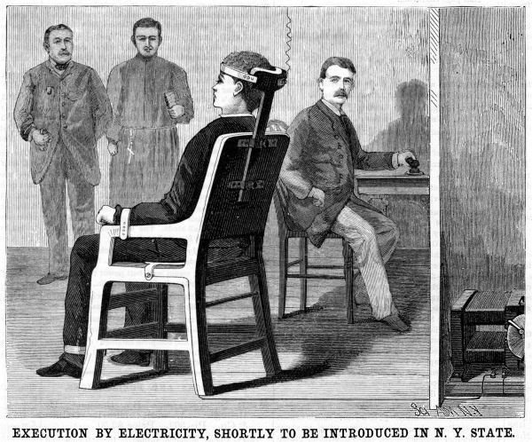 Ilustracja z magazynu prezentująca możliwy przebieg egzekucji na krześle elektrycznym (1888, domena publiczna).