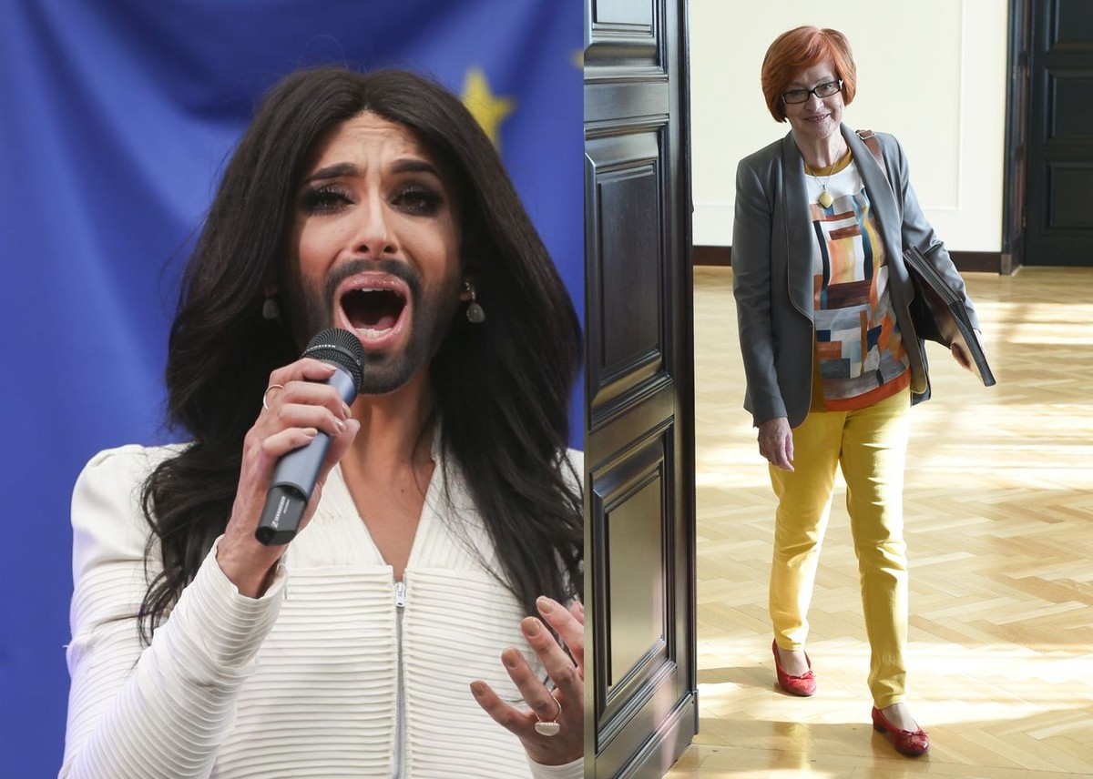 Conchita Wurst (fot. OLIVIER HOSLET/EPA) i Małgorzata Fuszara (fot. Radek Pietruszka/PAP)