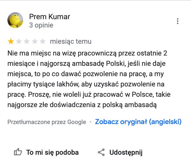 Screenshot komentarza ze strony konsulatu RP w Google Maps